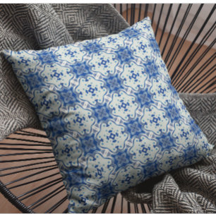 Almofada Padrão do Azulejo branco abstrato azul