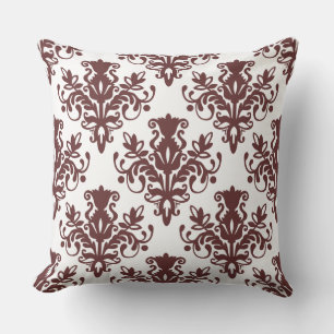 Almofada Padrão do Damask 02 - Castanho escuro em branco