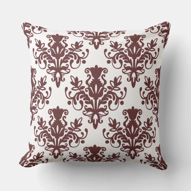 Almofada Padrão do Damask 02 - Castanho escuro em branco (Frente)
