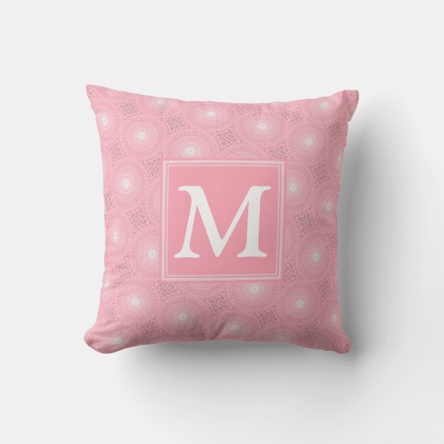Almofada Padrão dos círculos cor-de-rosa monograma (Frente)