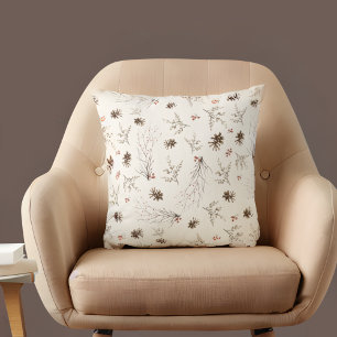 Almofada Padrão Elegante de Azevinho de Inverno em Aquarela