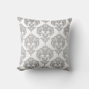 Almofada Padrão Elegante Moderno em Damasco Prata e Branco