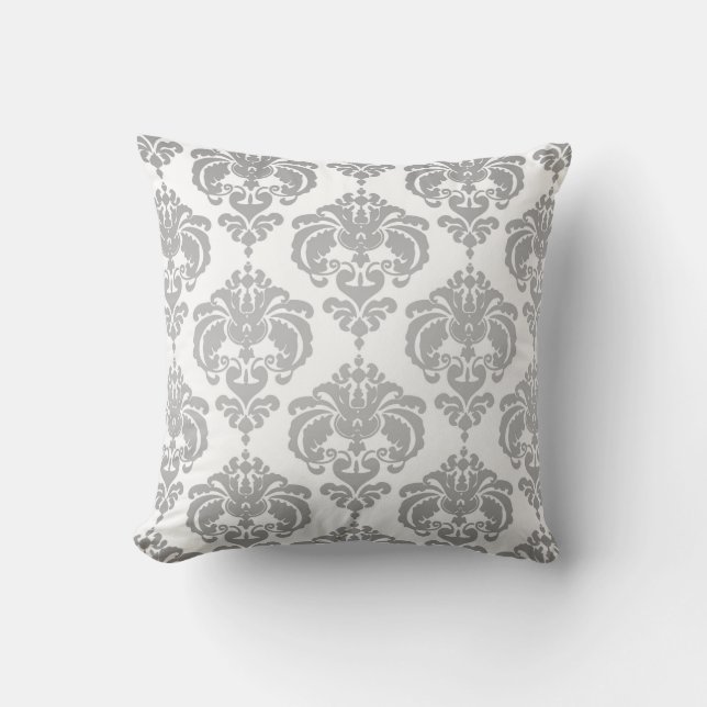 Almofada Padrão Elegante Moderno em Damasco Prata e Branco (Frente)