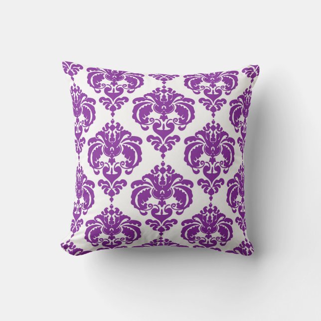 Almofada Padrão Elegante Moderno em Damasco Roxo e Branco (Frente)