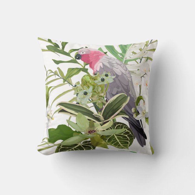 Almofada Padrão exótico tropical com papagaio e flores (Frente)