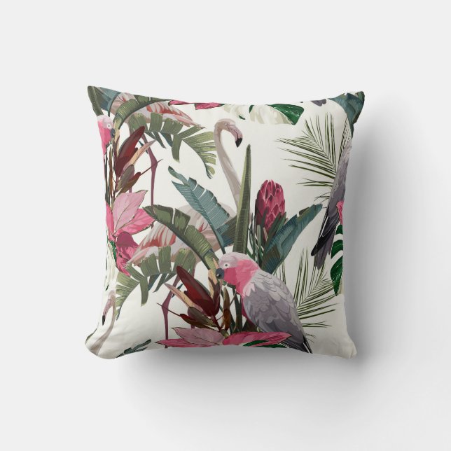 Almofada Padrão exótico tropical com papagaio, flamingo (Frente)