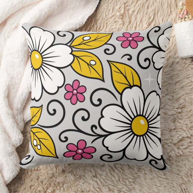 Almofada Padrão Floral Alegre com Contornos Ousados (Cobertor)