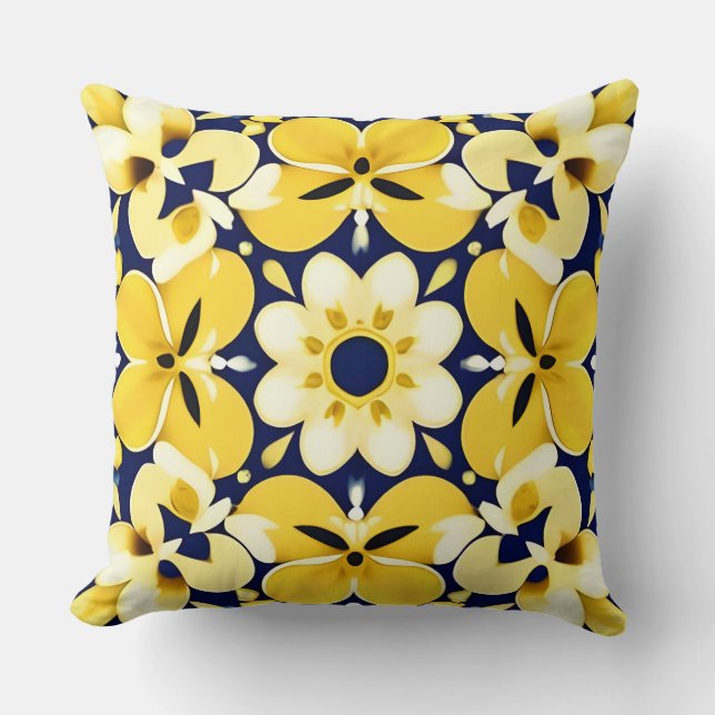 Almofada Padrão Floral Amarelo e Azul (Frente)