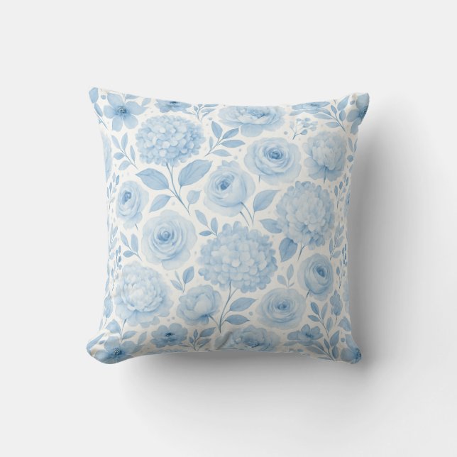 Almofada Padrão Floral Aquarela Azul Branco (Frente)