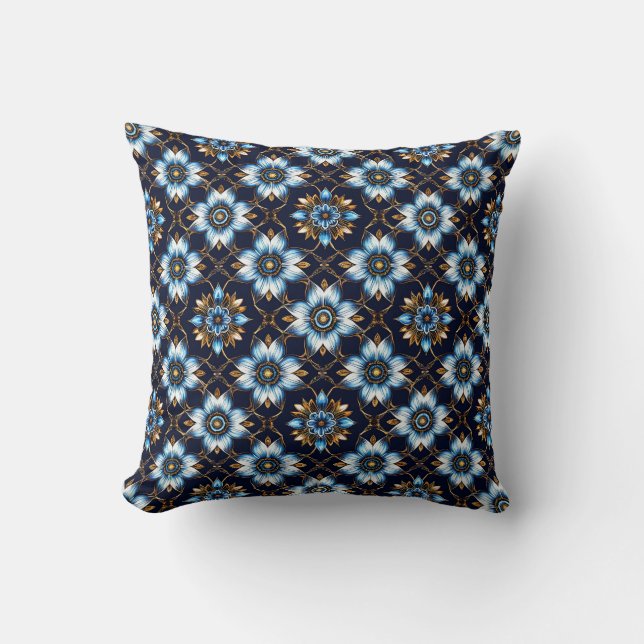 Almofada Padrão Floral Azul e Dourado Elegante (Frente)