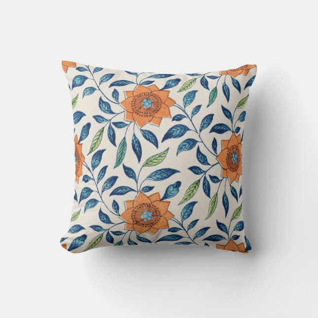 Almofada Padrão Floral Azul e Laranja (Frente)