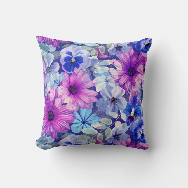 Almofada Padrão Floral Azul Magenta Rosa (Frente)