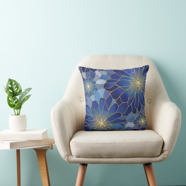 Almofada Padrão Floral Azul Moderno Dourado (Cadeira)
