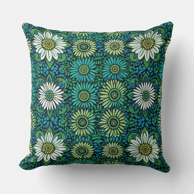 Almofada Padrão Floral Azul, Verde e Branco (Frente)