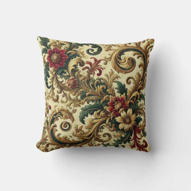 Almofada Padrão Floral Barroco com Dourado, Vermelho, Verde (Frente)