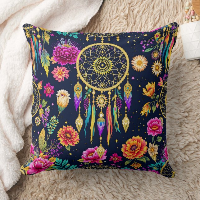 Almofada Padrão floral boêmio místico azul dourado (Cobertor)