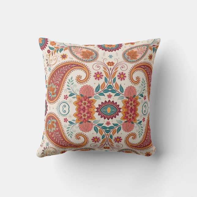 Almofada Padrão Floral Boho Paisley Branco Vibrante (Verso)