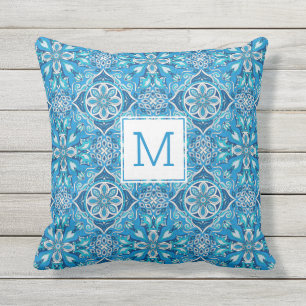 Almofada Padrão Floral Bonito Azulejo Geométrico Azul Mon
