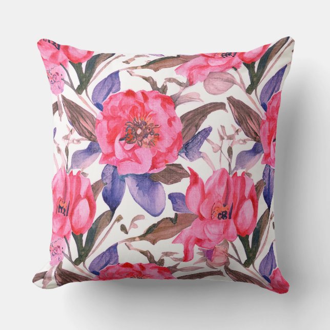Almofada padrão floral botânico rosa e roxo (Frente)
