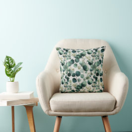 Almofada Padrão Floral Branco de Eucalipto Verde Botânico