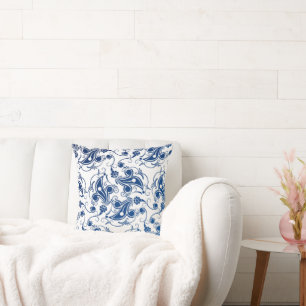 Almofada Padrão Floral Branco Ilustrado e Azul