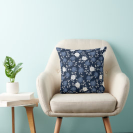 Almofada Padrão Floral Branco Rosa Azul Marinho Elegante