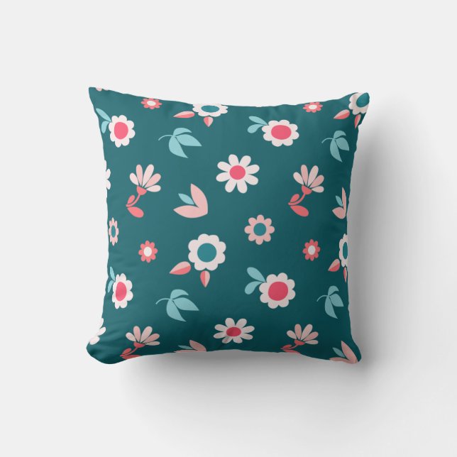 Almofada Padrão Floral Cinza Moderno Rosa e Teal (Frente)