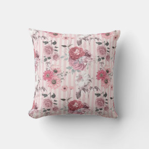 Almofada Padrão Floral Cinza-Rosa Vintage