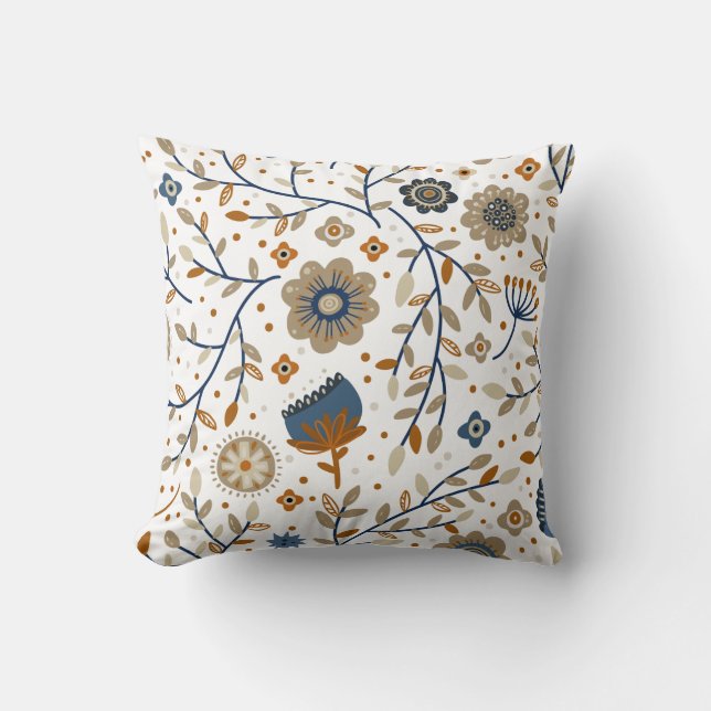 Almofada Padrão floral com flores azuis e laranja (Frente)
