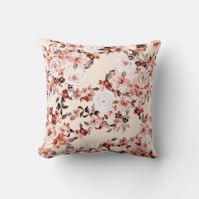 Almofada Padrão floral da vindima de aquarelas, castanho  (Frente)