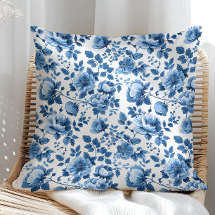 Almofada Padrão Floral de Algodão Azul e Branco marinho