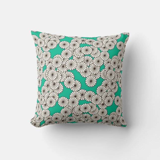 Almofada Padrão floral de Art Deco - branco em turquesa (Frente)