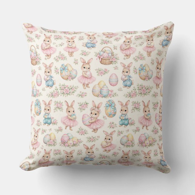 Almofada Padrão Floral de Coelhinho de Páscoa Fofo - Primav (Frente)