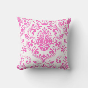 Almofada Padrão Floral de Damasco Branco e Rosa Quente Eleg
