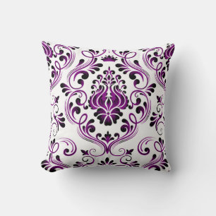 Almofada Padrão Floral de Damasco Branco Preto Roxo Elegant