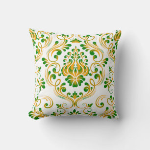 Almofada Padrão Floral de Damasco Branco Verde Laranja Eleg