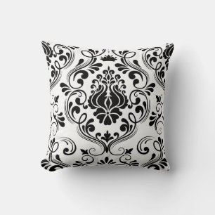 Almofada Padrão Floral de Damasco Preto e Branco Elegante