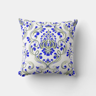 Almofada Padrão Floral de Damasco Verde e Azul Elegante