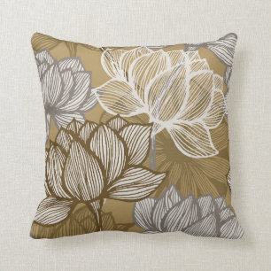 Almofada Padrão floral de deco de arte. Flor gold line art.
