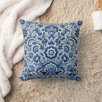 Almofada Padrão Floral de Folk Azul