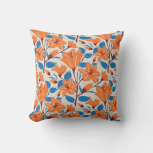 Almofada Padrão Floral de Lily Azul Laranja Botânica