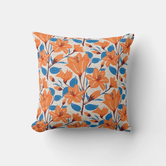 Almofada Padrão Floral de Lily Azul Laranja Botânica (Frente)