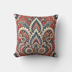 Almofada Padrão Floral de Paisley Vermelho, Branco e Azul E