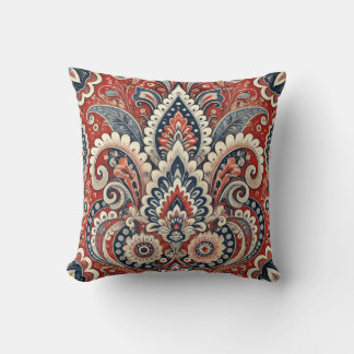 Almofada Padrão Floral de Paisley Vermelho, Branco e Azul E