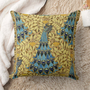 Almofada Padrão Floral de Pavão Azul Art Nouveau Antigo