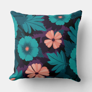 Almofada Padrão Floral do Teal e do Pêssego em Fundo Roxo