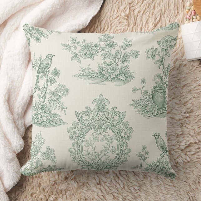 Almofada Padrão Floral e de Pássaros em Toile Verde Menta (Cobertor)