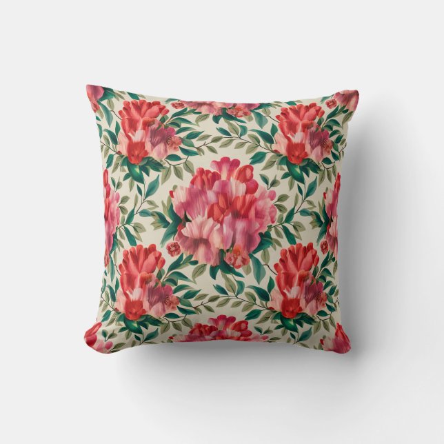 Almofada Padrão Floral Elegante com Flores Vermelhas e Rosa (Frente)
