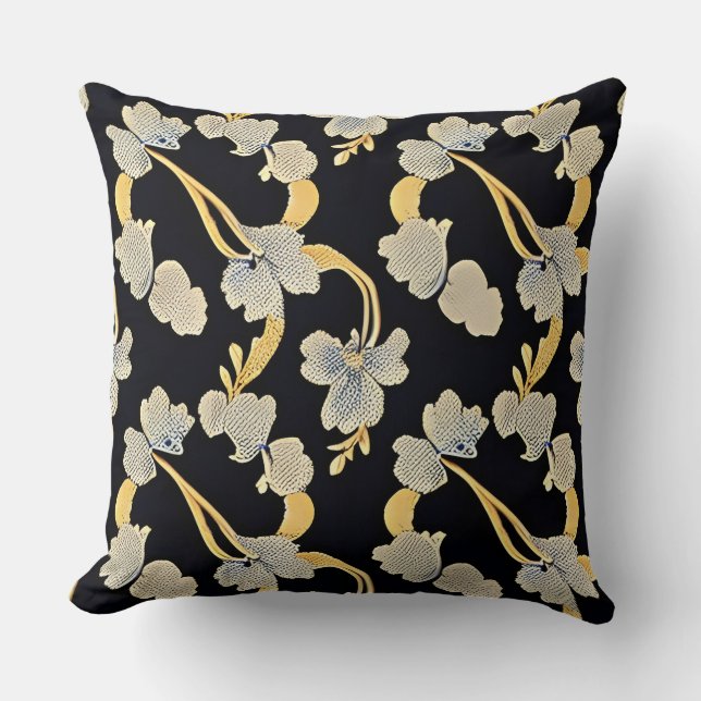 Almofada Padrão Floral Elegante em Dourado e Branco (Frente)