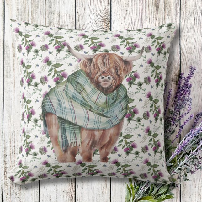 Almofada Padrão Floral Escocesa-Tuistos Altos-Terras Branca (Floral Pattern Scottish Thistle Highland Cow White Throw Pillow)